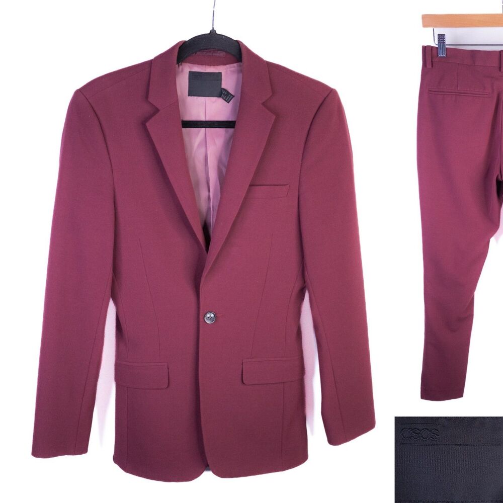 ASOS 2-Pcs Burgundy Solid Suit Jacket Blazer Sz 32R Pants 26X26.5 Poly Blend